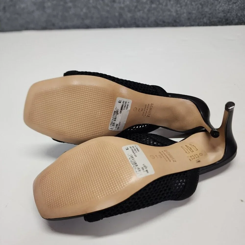 Schutz Sinara True Black Strap Slip On Open Toe Stiletto Mid Heeled‎ Sandals 7B